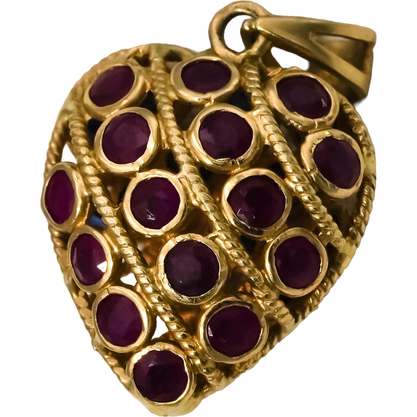 14k Yellow Gold Round Ruby and Sapphire Reversible Heart Pendant 1.50CT