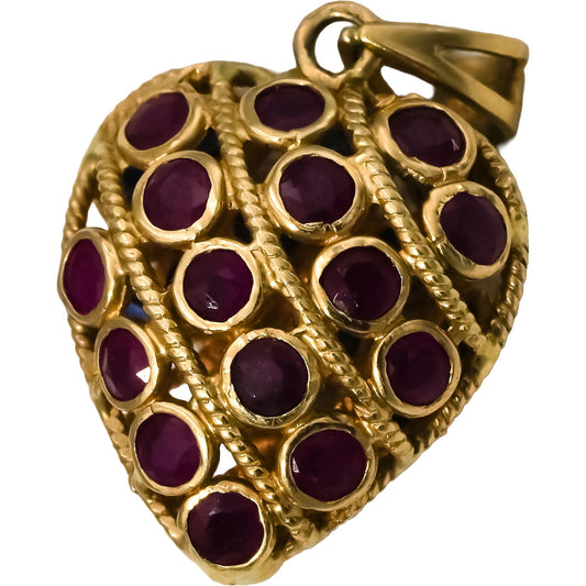 14k Yellow Gold Round Ruby and Sapphire Reversible Heart Pendant 1.50CT