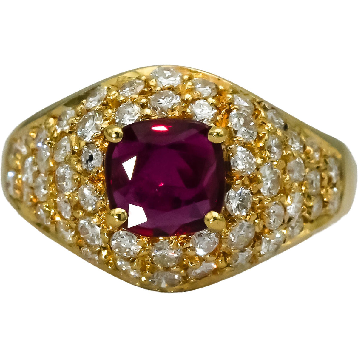 18k Yellow Gold VS Diamond and Ruby Cluster Cocktail Ring 1.35CT Size 6