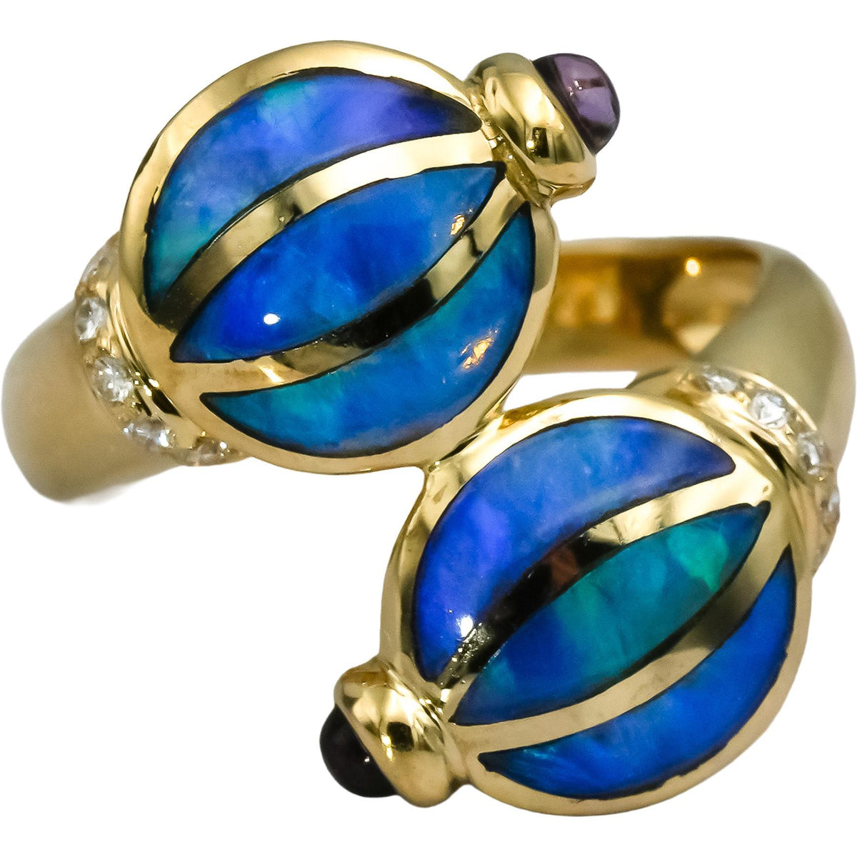 14k Yellow Gold Diamond Amethyst Inlay Opal Bypass Ring 0.09CT Size 6.5