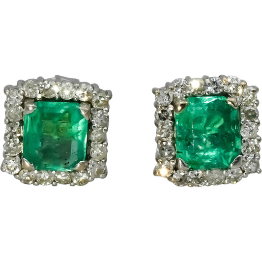 18k White Gold Diamond and Emerald Square Halo Stud Earrings 4.50CT