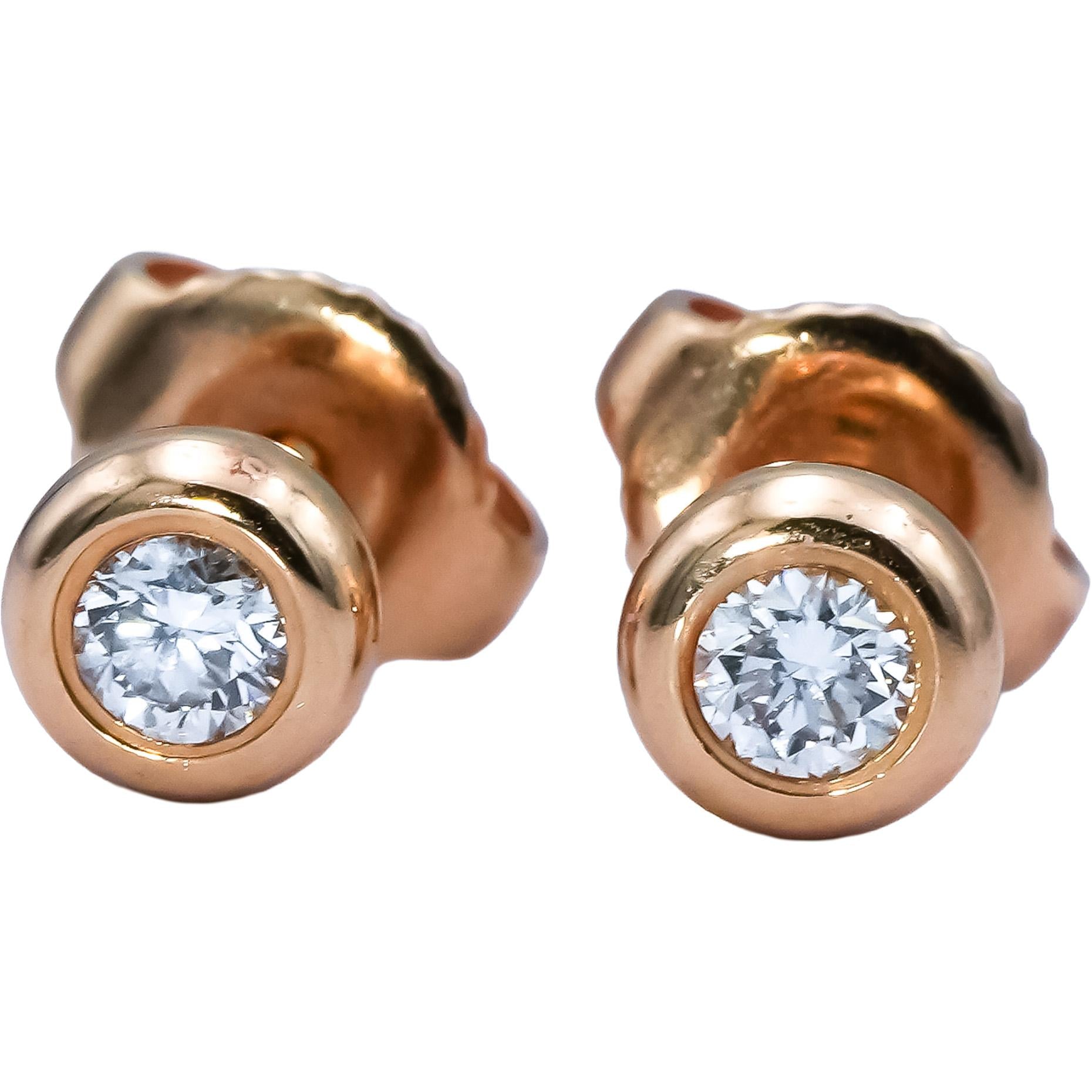TIFFANY & CO. 18k Yellow Gold Round Bezel Set Diamond Stud Earrings .30CT