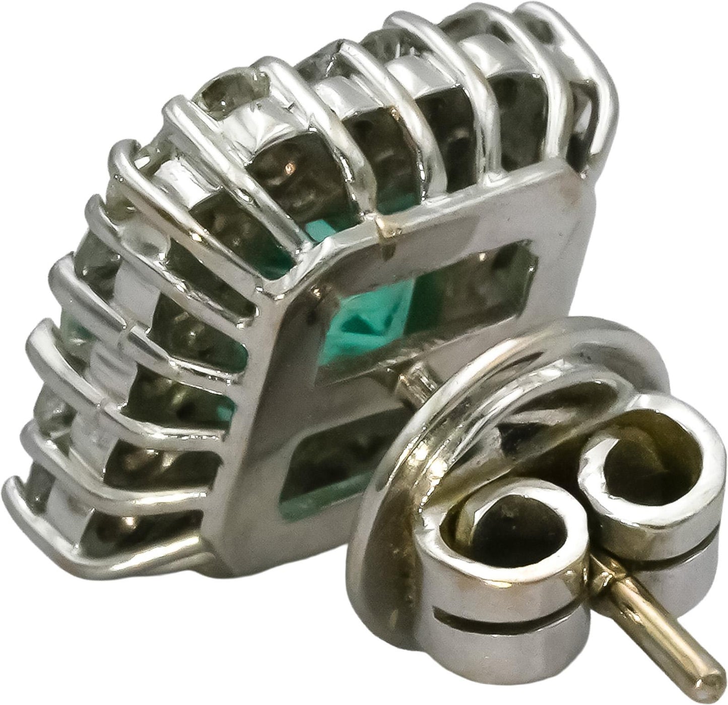 18k White Gold Diamond and Emerald Square Halo Stud Earrings 4.50CT