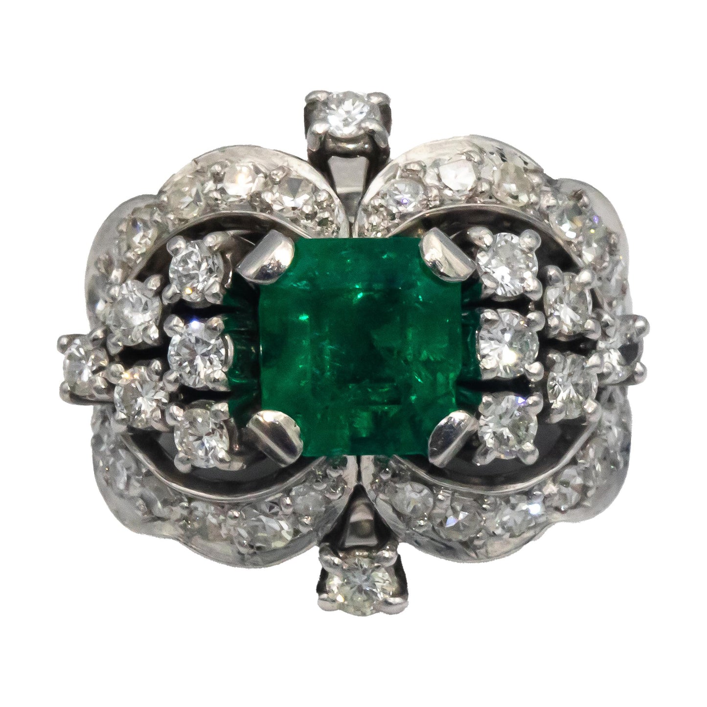 Vintage Antique 14k White Gold Diamond and Emerald Cocktail Ring 2.40CT Size 4.5