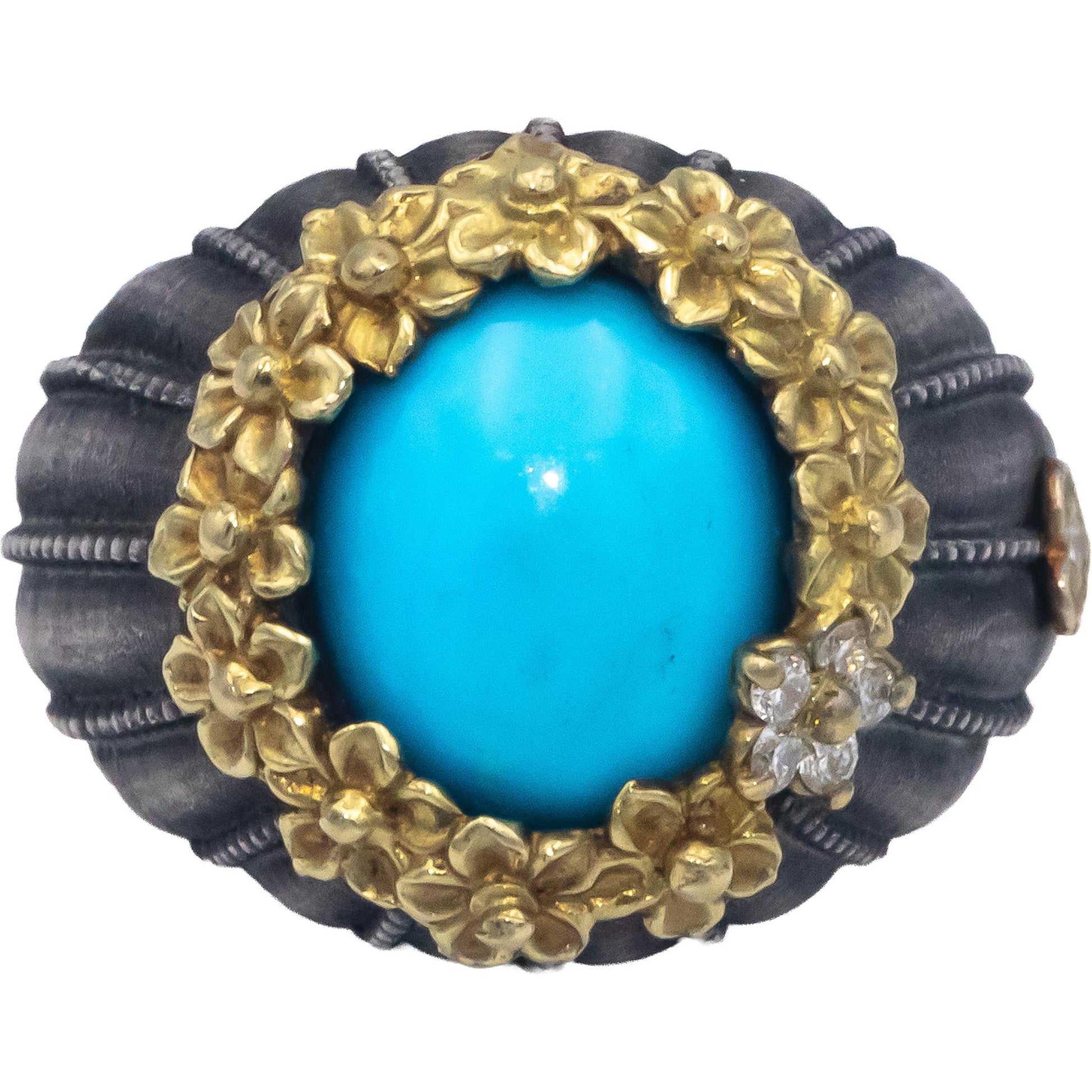 STAMBOLIAN 18k Gold Sterling Silver VS Diamond and Turquoise Ring 2.60CT Size 7