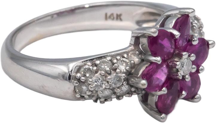 BH Effy 14k White Gold 1.95CT Diamond and Ruby Flower Ring Size 6.75