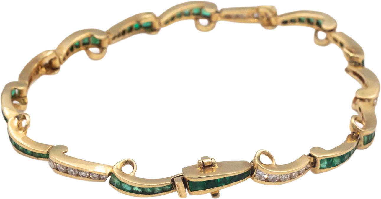 Designer 14k Yellow Gold Diamond and Emerald Fancy Link Bracelet 2.50CT