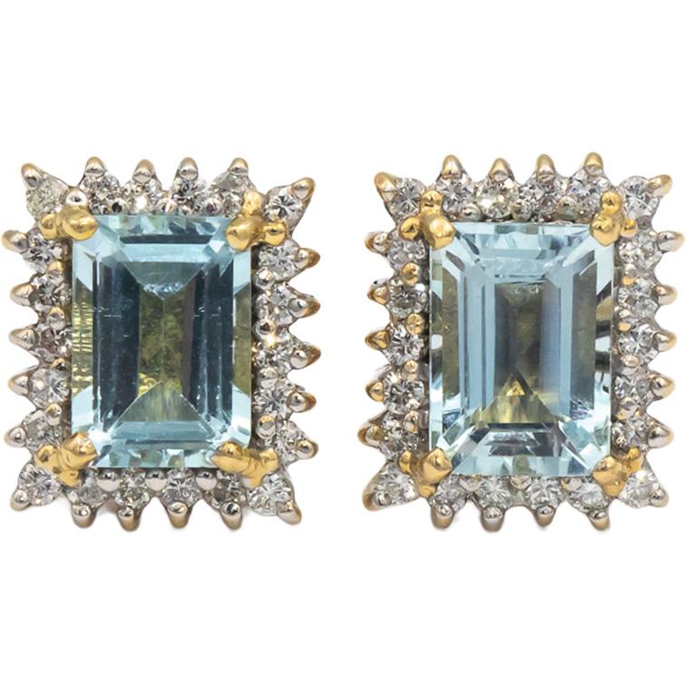 CGL Certified 10k Yellow Gold Diamond and Aquamarine Halo Stud Earrings 5.45CT