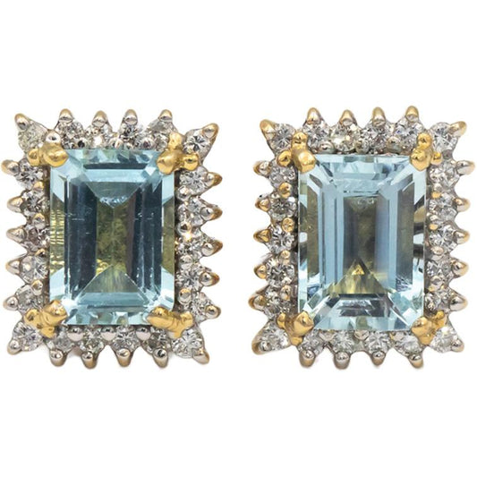 CGL Certified 10k Yellow Gold Diamond and Aquamarine Halo Stud Earrings 5.45CT