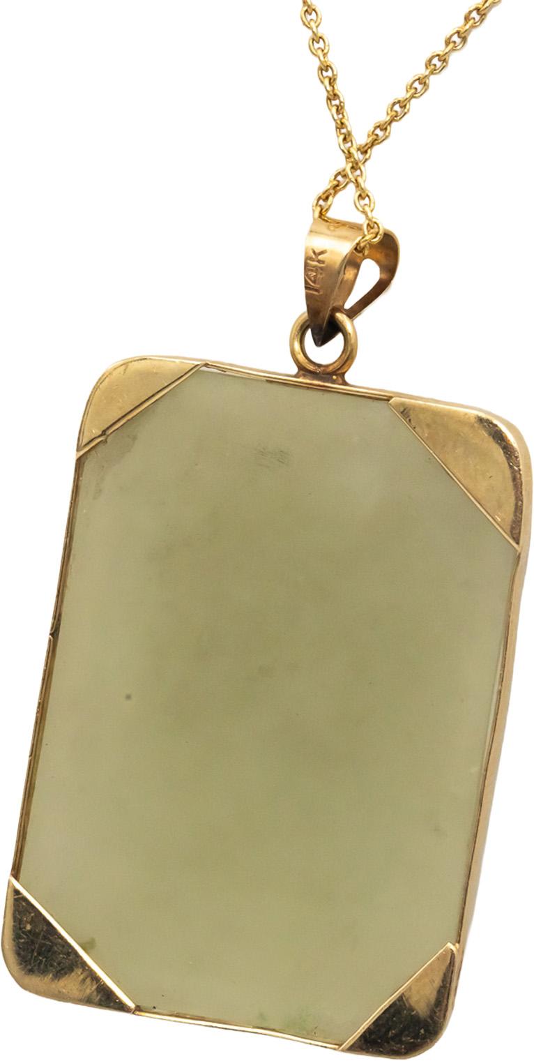 14k Yellow Gold 33.5 x 23.5mm Carved Tree Forest Motif Jade Pendant Necklace