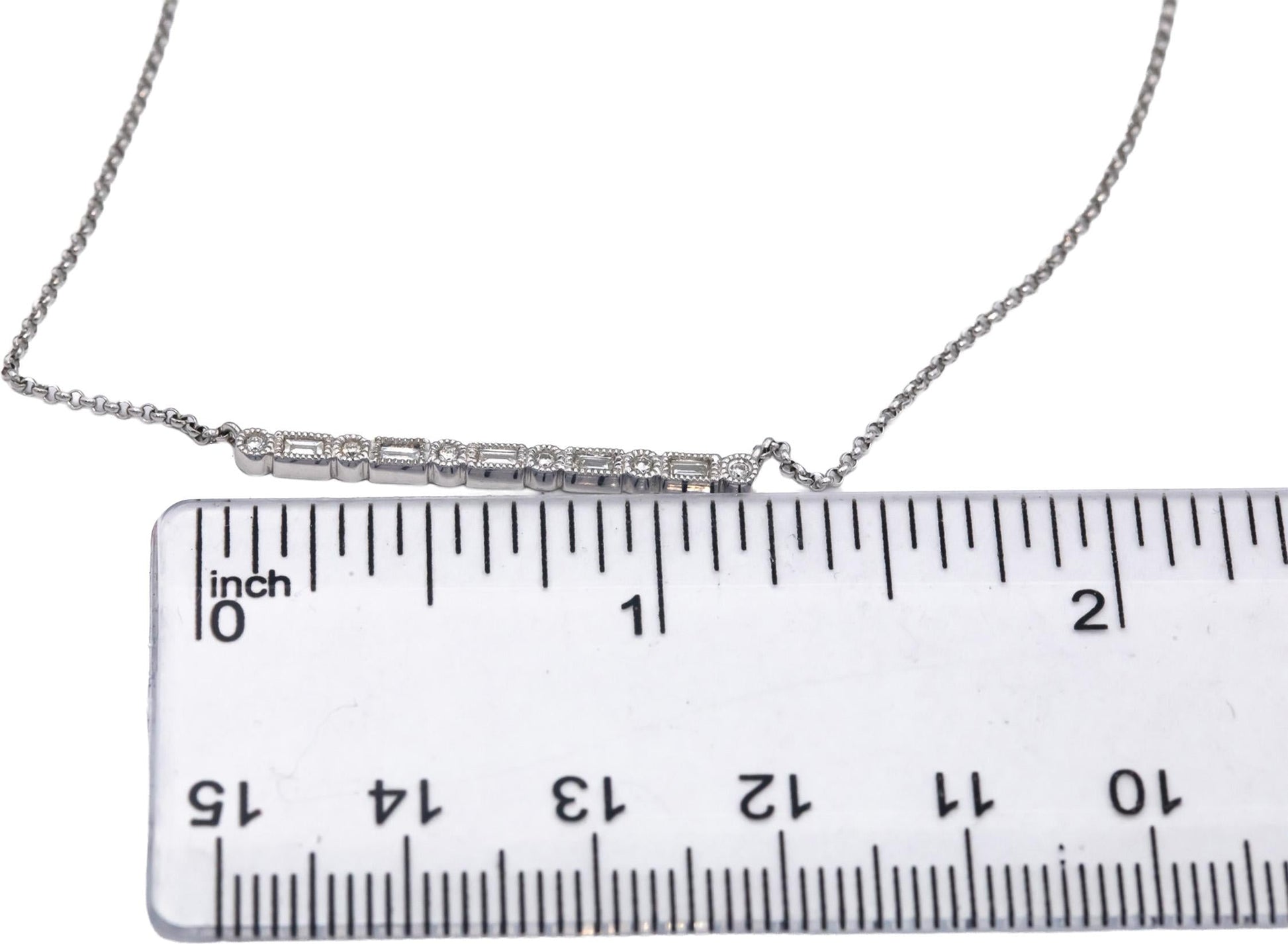 18k White Gold 0.15CT VS Round & Baguette Diamond Fixed Bar Pendant Necklace