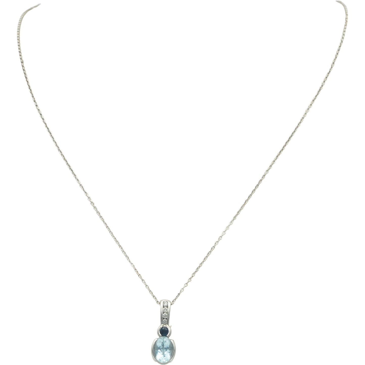 14k White Gold 1.16CT Diamond Aquamarine Sapphire Pendant Necklace Chain