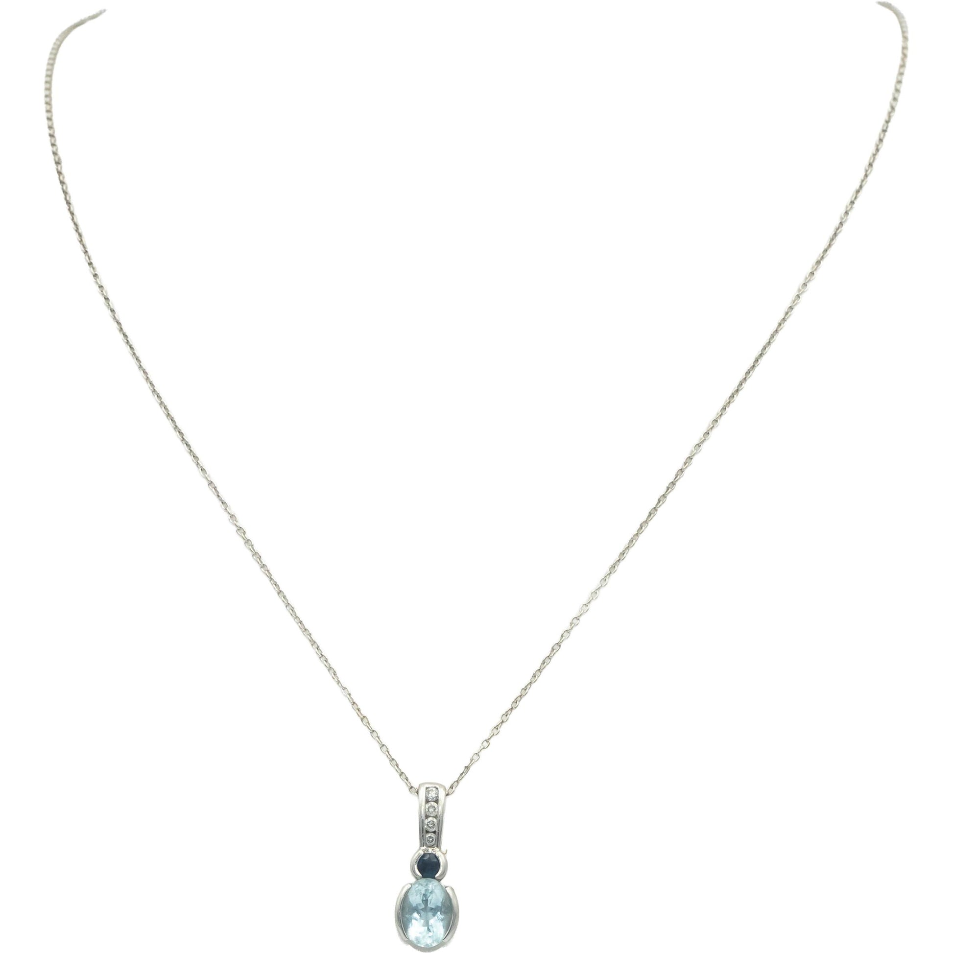 14k White Gold 1.16CT Diamond Aquamarine Sapphire Pendant Necklace Chain