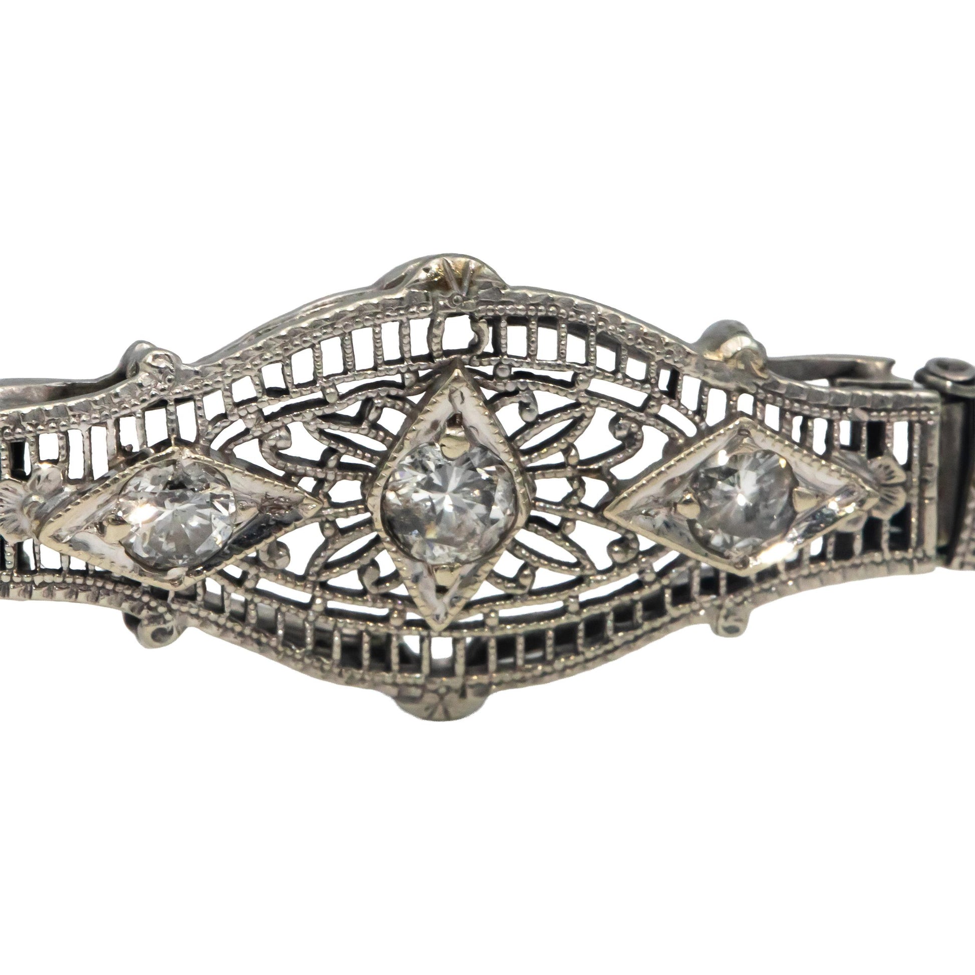 Vintage Antique 10k White Gold Diamond Filigree Fancy Link Bracelet 0.50CT