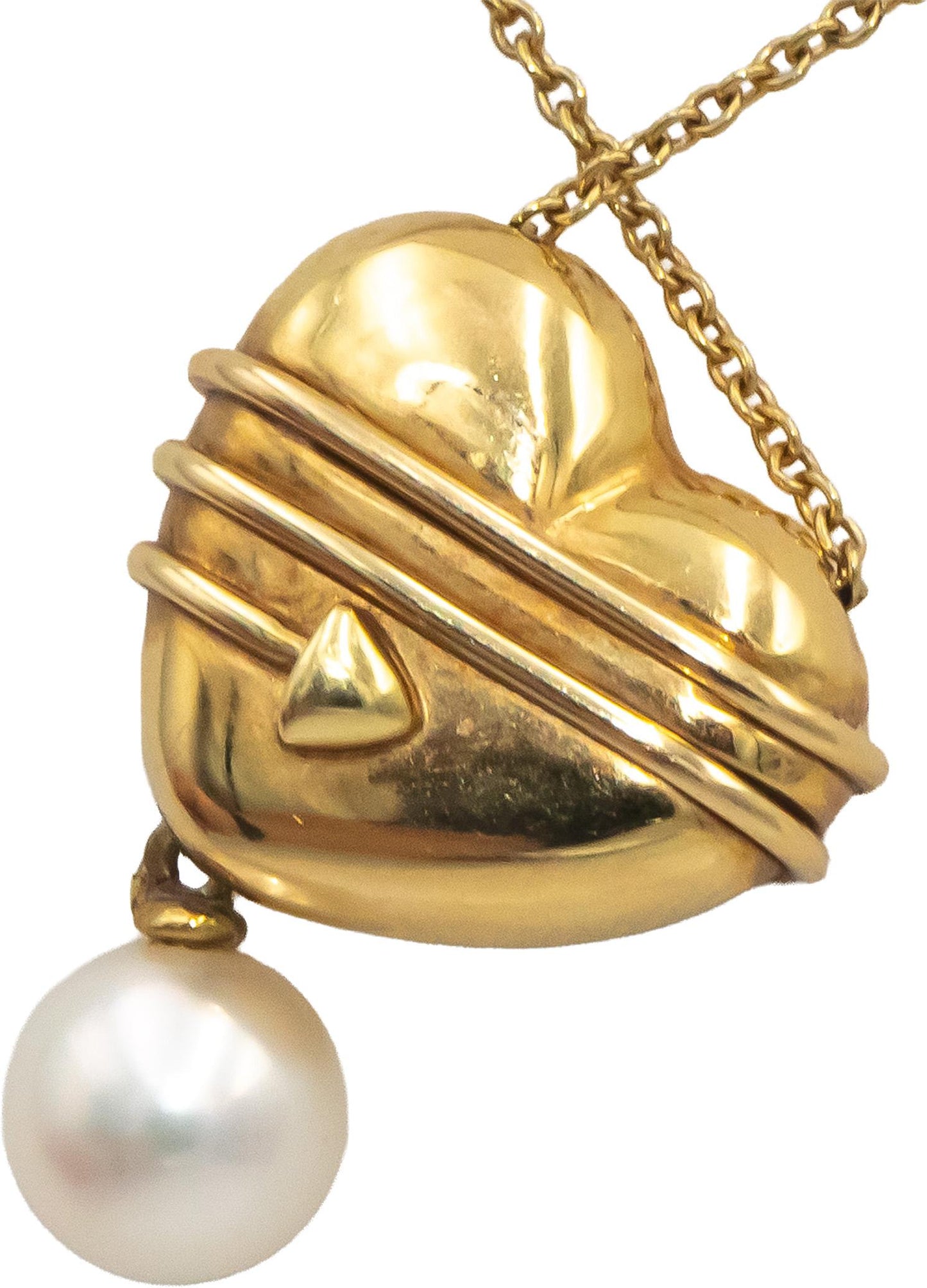 TIFFANY & CO. 18k Gold Cupid's Arrow Puff Heart 6.9-7.0mm Pearl Pendant Necklace