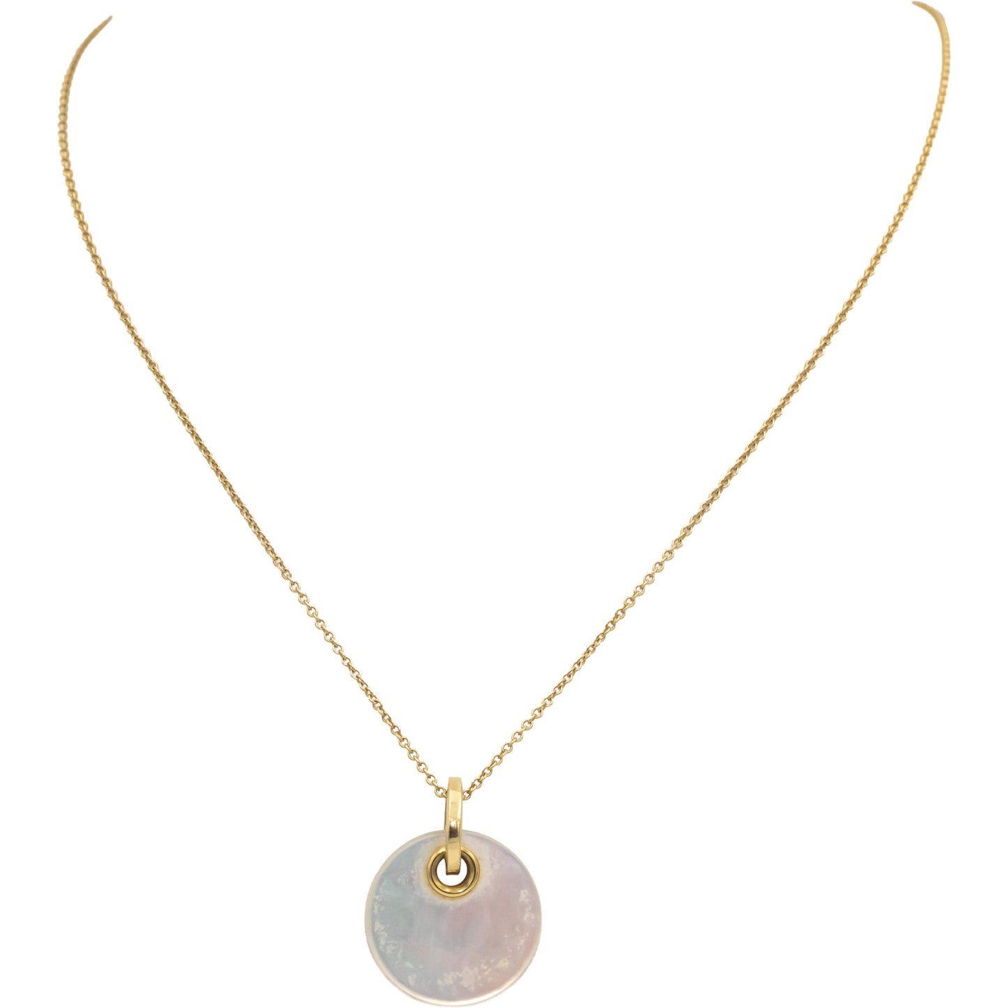 TIFFANY & CO. 18k Yellow Gold Mother of Pearl Disc Pendant Necklace Chain