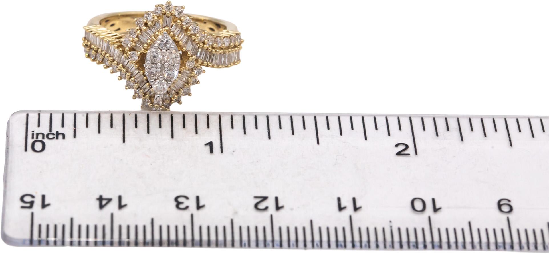 10k Yellow Gold Round & Baguette Cut Diamond Marquise Shaped Ring 1.0CT Size 7