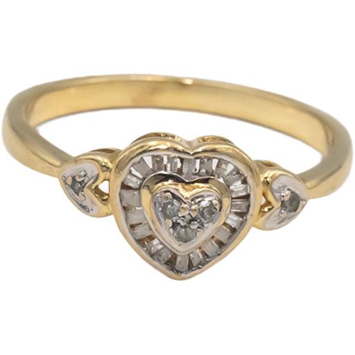 10k Yellow Gold Round & Baguette Cut Diamond Heart Ring 0.15CT Size 7.25