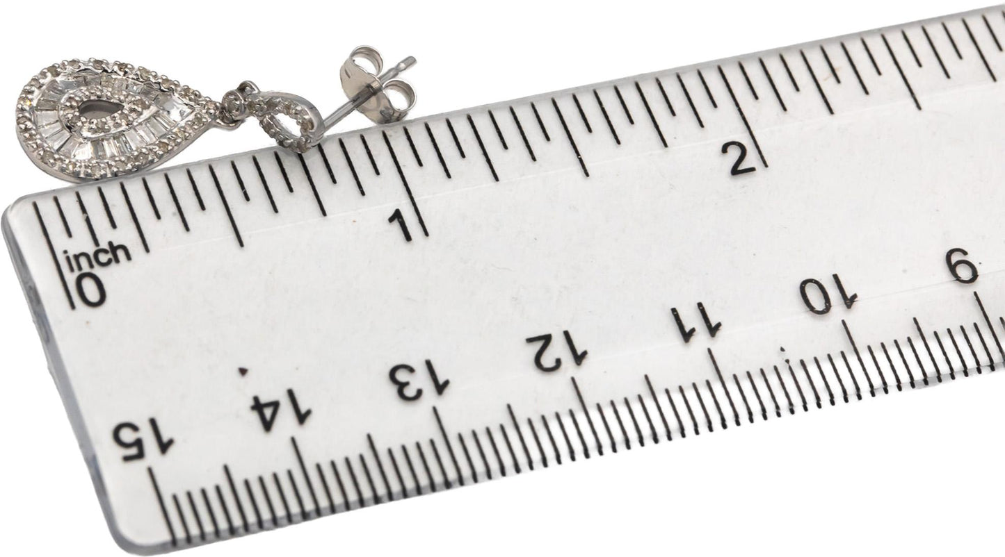 14k White Gold Round & Baguette Cut Diamond Drop Dangle Earrings 0.50CT