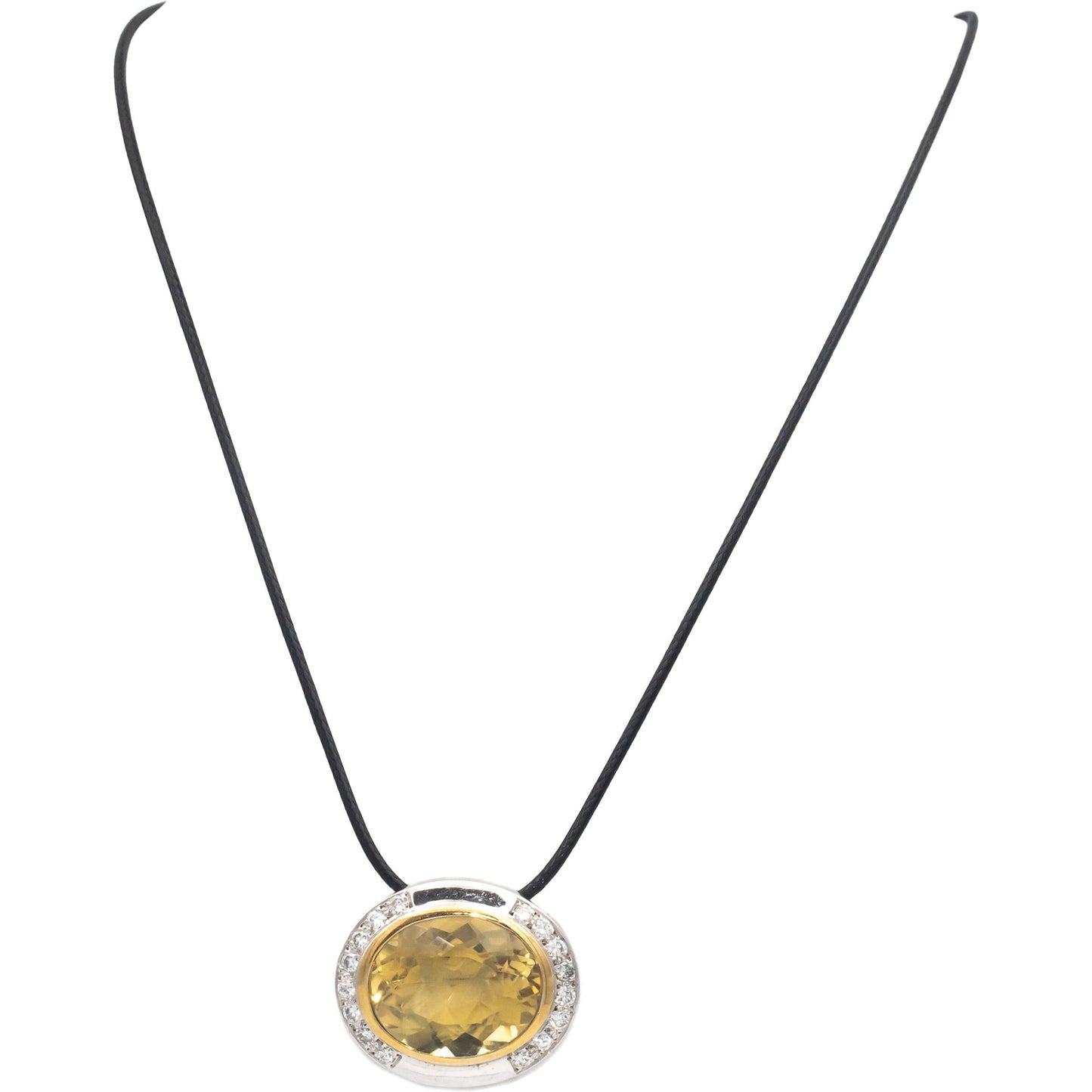 14k White & Yellow Gold Oval Citrine Round Diamond Slide Pendant Necklace 1.58CT
