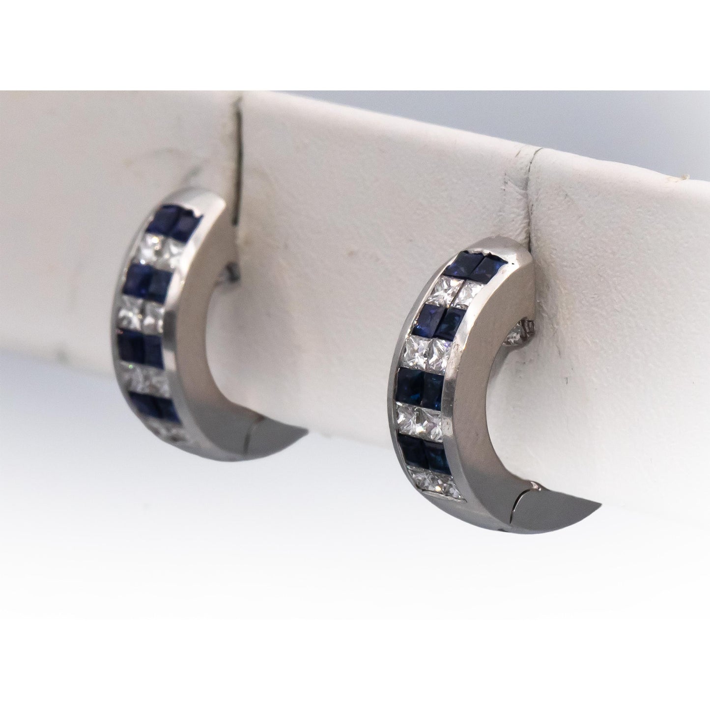 18k White Gold VS Princess Cut Diamond & Blue Sapphire Huggie Earrings 1.10CTW