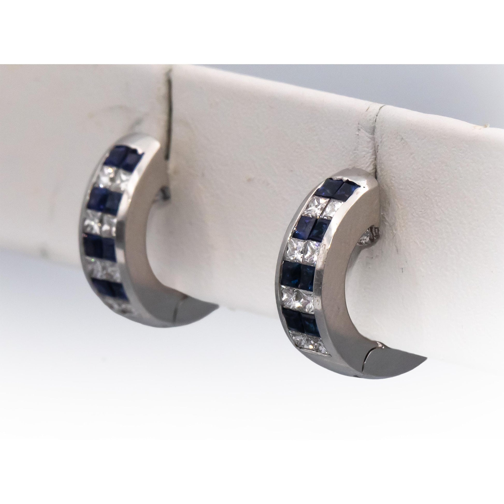 18k White Gold VS Princess Cut Diamond & Blue Sapphire Huggie Earrings 1.10CTW