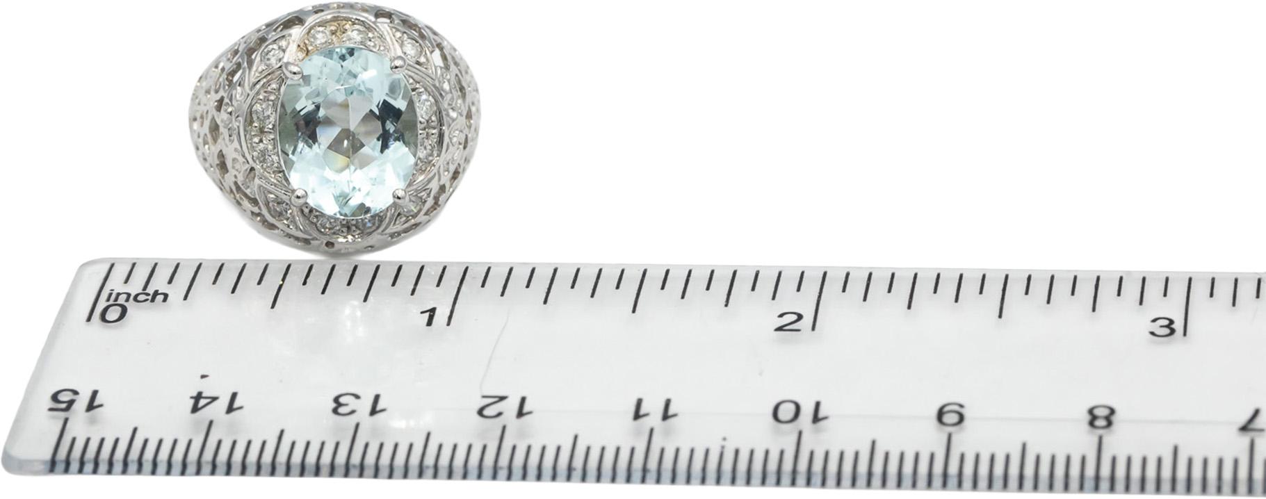 14k White Gold Oval Cut Aquamarine Round Diamond Cocktail Ring 4.70CT Size 7.75