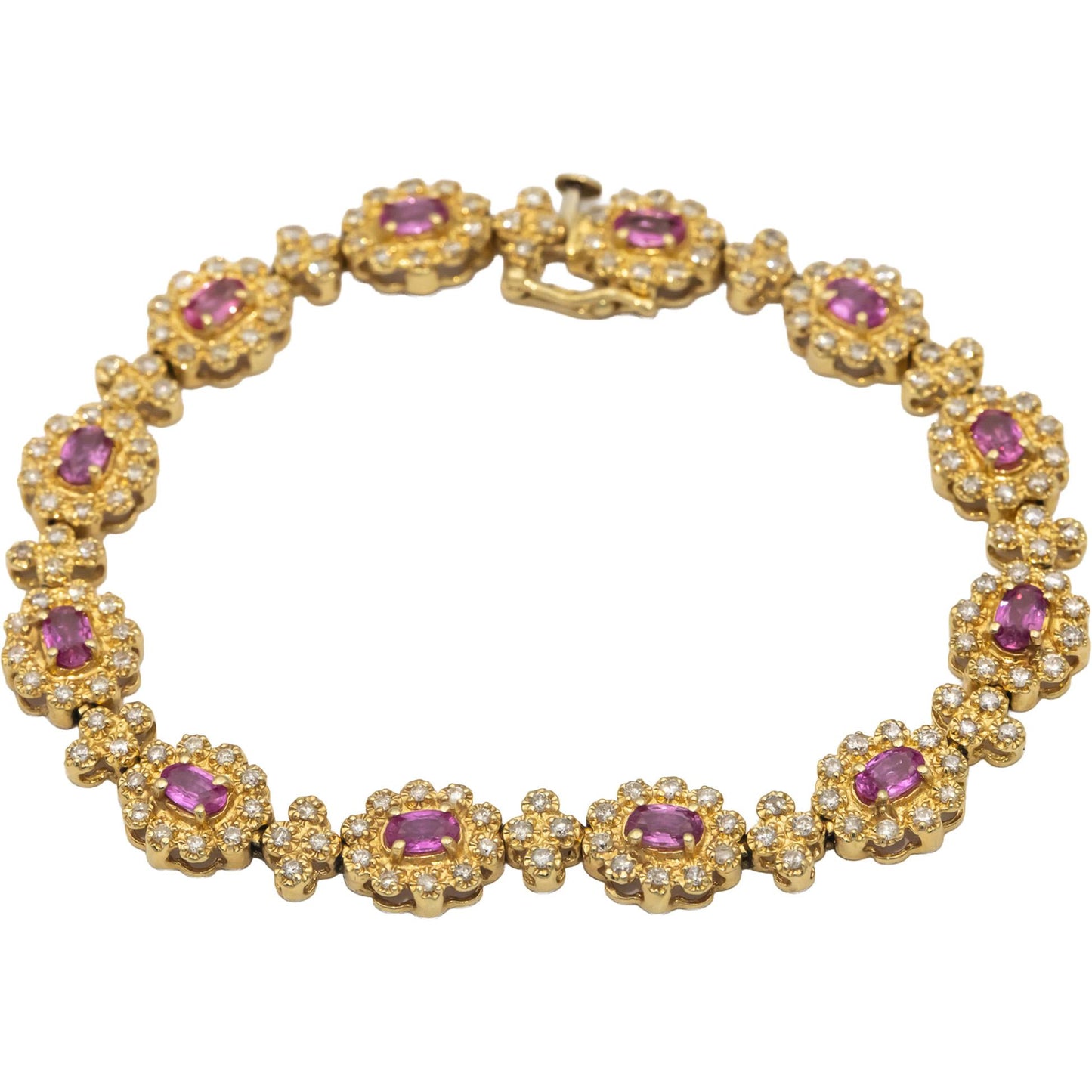 14k Yellow Gold Oval Pink Sapphire Round Diamond Floral Link Bracelet 4.50CTW