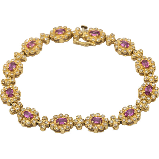 14k Yellow Gold Oval Pink Sapphire Round Diamond Floral Link Bracelet 4.50CTW