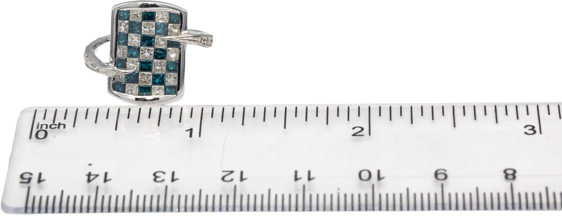 14k White Gold White & Blue Diamond Checkerboard Ring 1.0CT Size 7