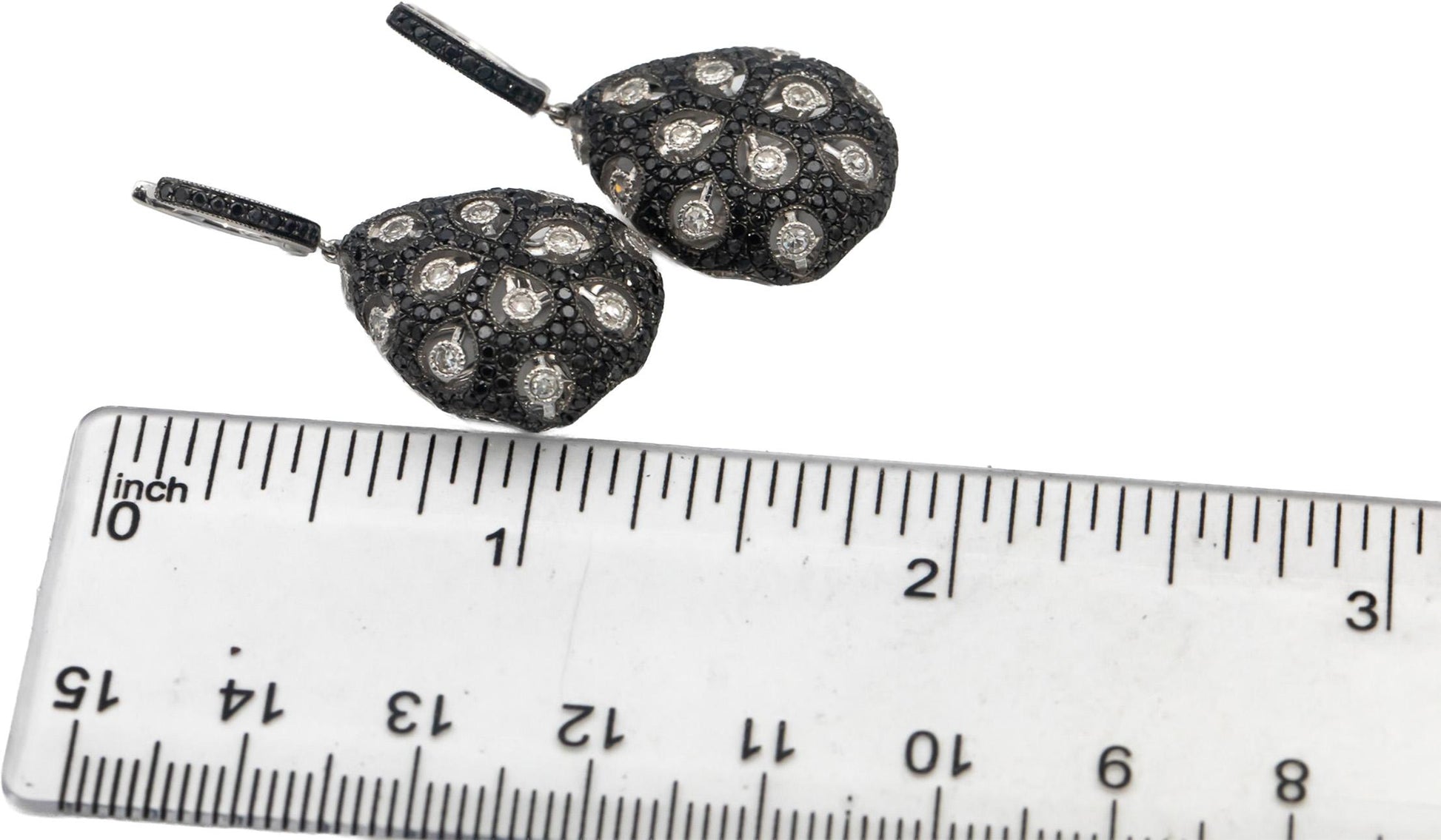 14k White Gold Round White & Black Diamond Cluster Drop Dangle Earrings 1.0CTW