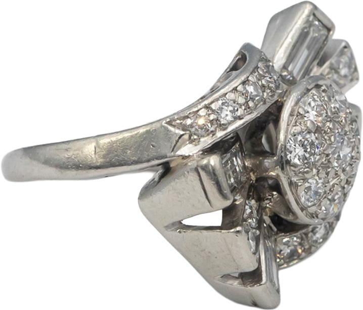 Vintage Antique Platinum VS Round and Emerald Cut Diamond Ring 1.0CT Size 4.5