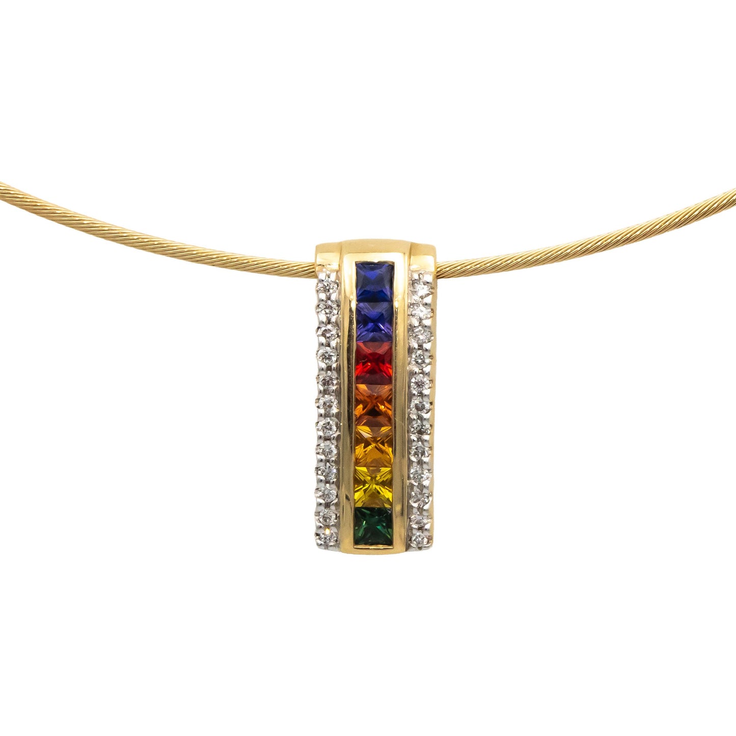 14k Yellow Gold Diamond & Rainbow Sapphire Pendant Cable Necklace 1.05CTW