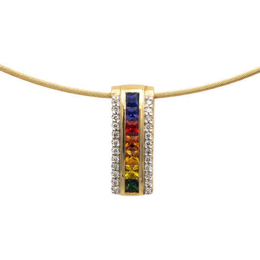 14k Yellow Gold Diamond & Rainbow Sapphire Pendant Cable Necklace 1.05CTW