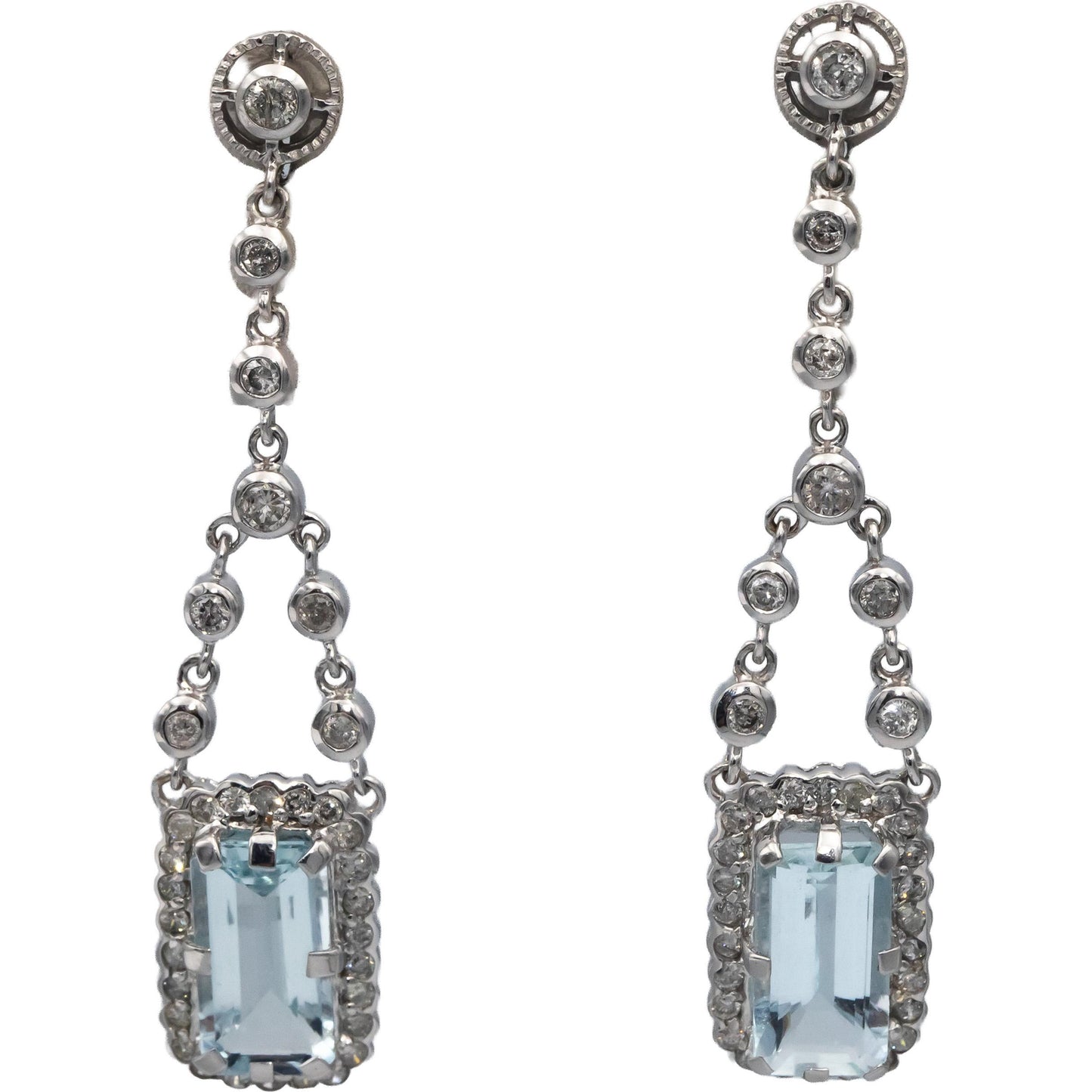 18k White Gold Diamond & Aquamarine Drop Dangle Earrings 3.75CTW