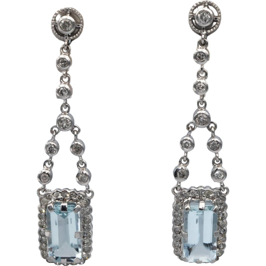 18k White Gold Diamond & Aquamarine Drop Dangle Earrings 3.75CTW