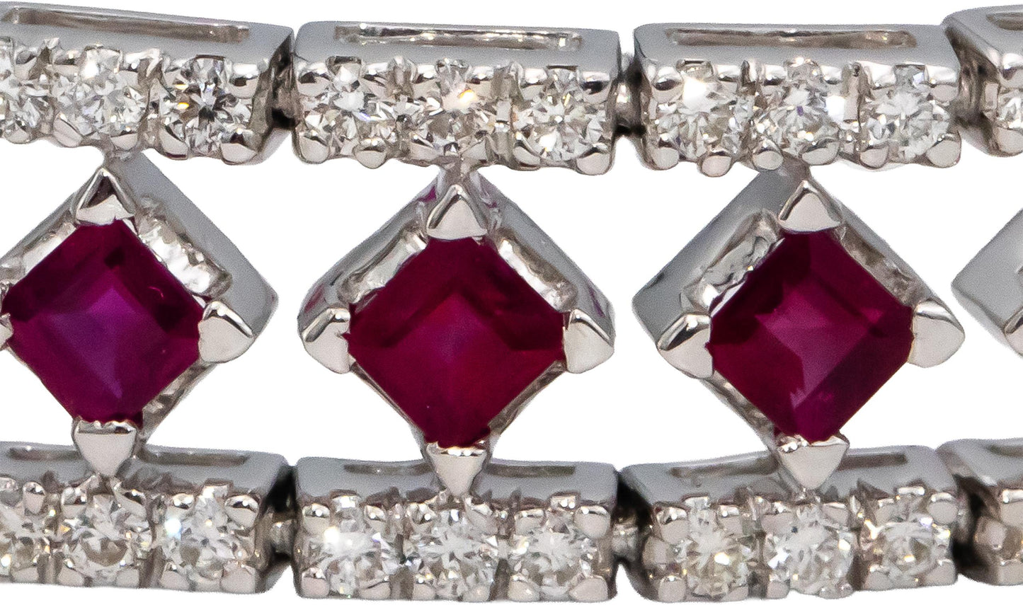 18k White Gold Square Cut Ruby & VS Round Diamond Fancy Link Bracelet 11.09CTW