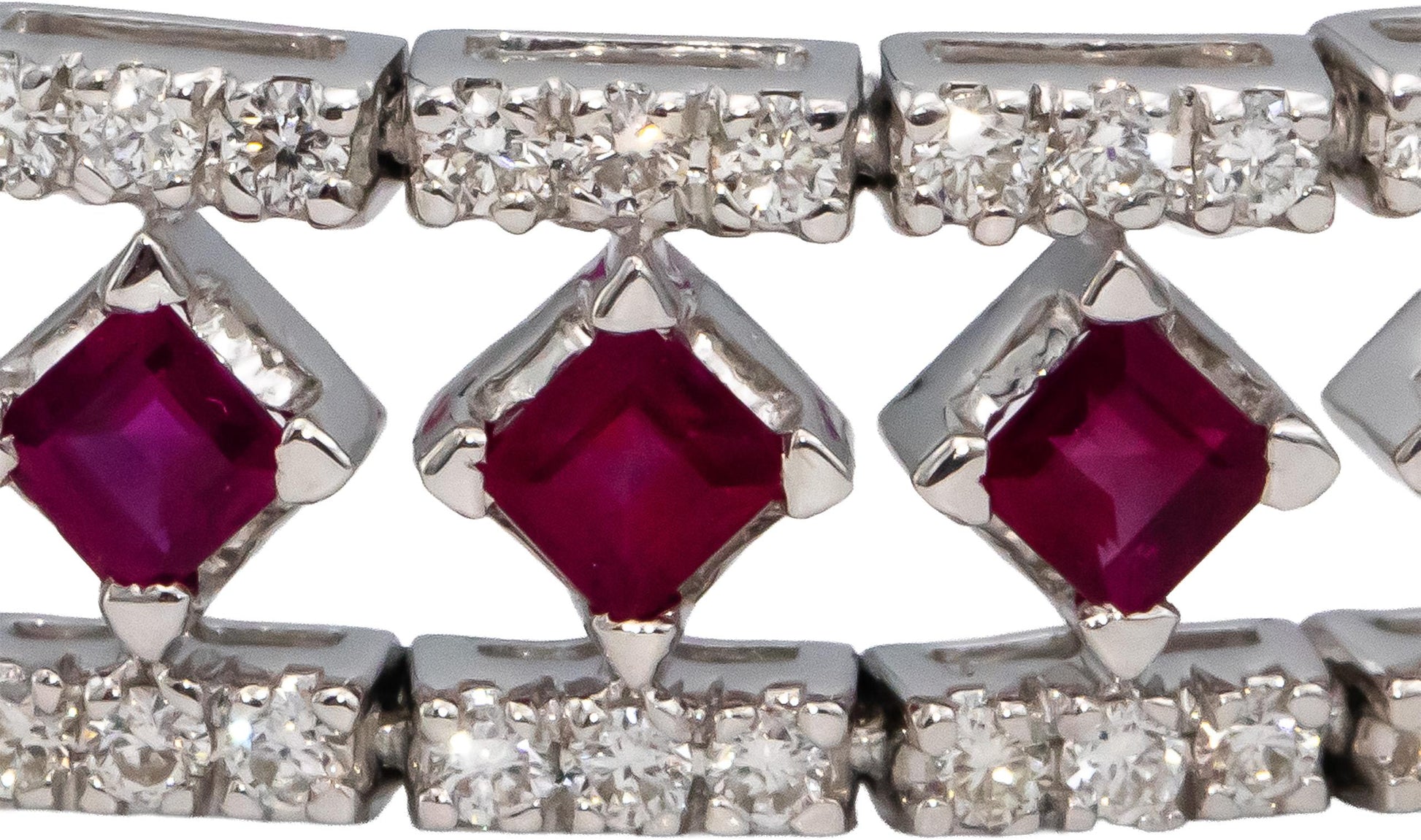 18k White Gold Square Cut Ruby & VS Round Diamond Fancy Link Bracelet 11.09CTW