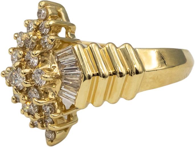 14k Yellow Gold Round and Baguette Cut Diamond Cluster Ring 1.0CT Size 6.25