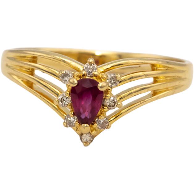 14k Yellow Gold Pear Ruby and Round Diamond Cocktail Ring 0.25CT Size 6.75