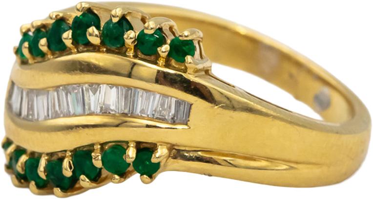 14k Yellow Gold Baguette Diamond Round Emerald Cocktail Ring 0.50CT Size 6.75