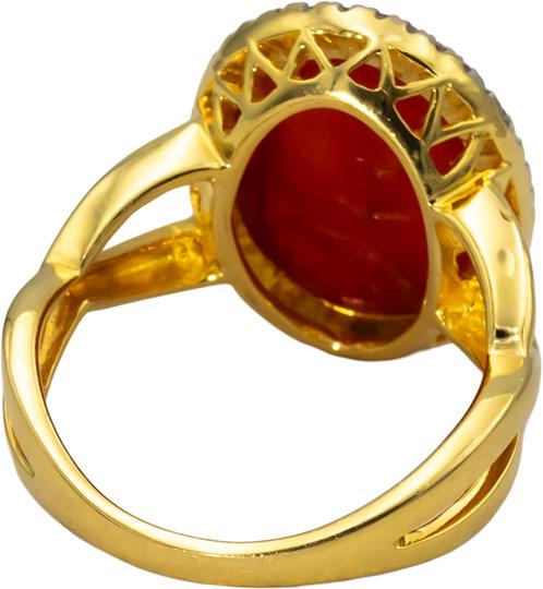 14k Yellow Gold Cabochon Coral Round Diamond Cocktail Ring 0.25CT Size 7