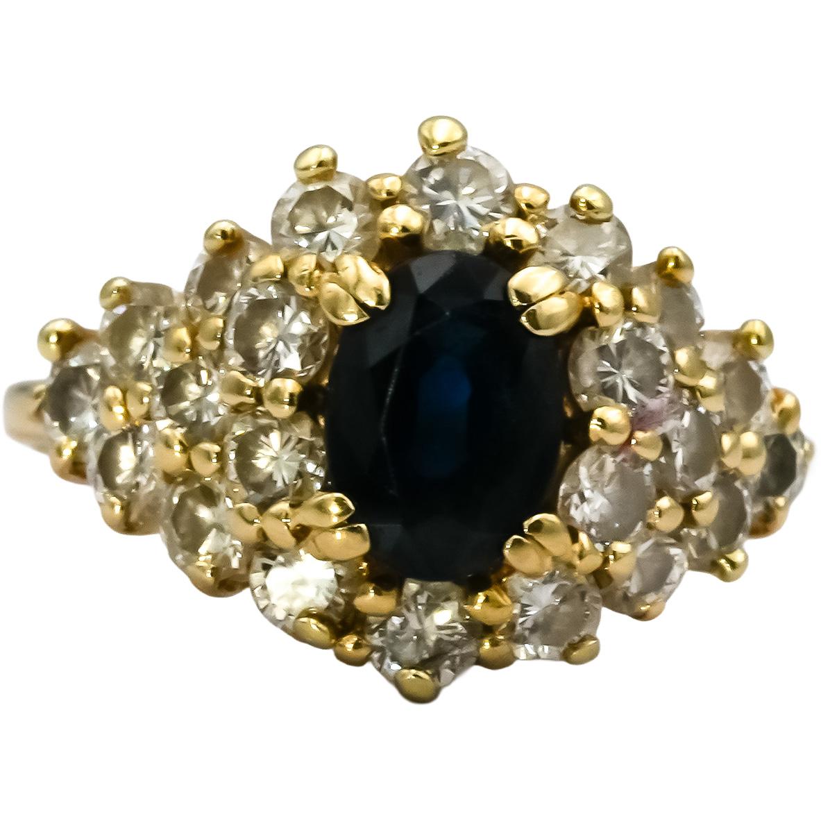14k Yellow Gold Oval Blue Sapphire Round Diamond Cocktail Ring 1.75CT Size 6