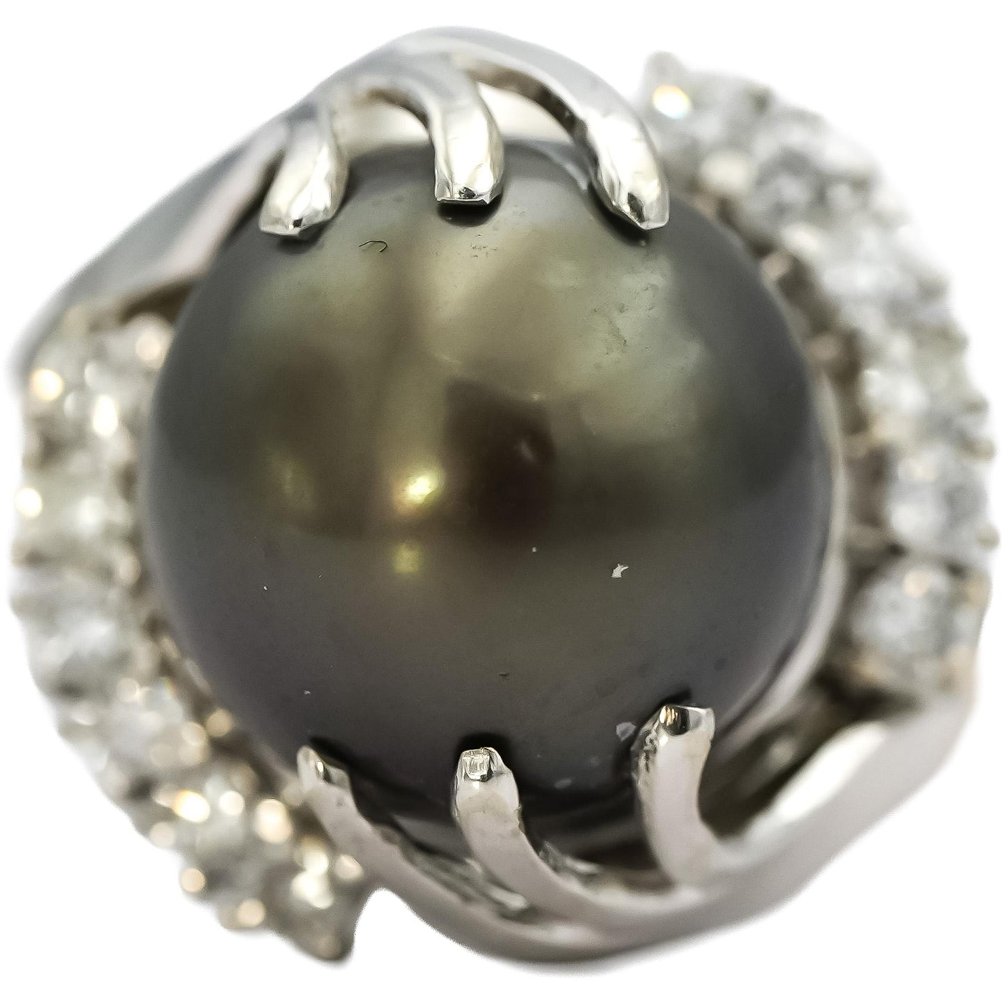 14k White Gold Round Diamond and Black Pearl Cocktail Ring 0.25CT