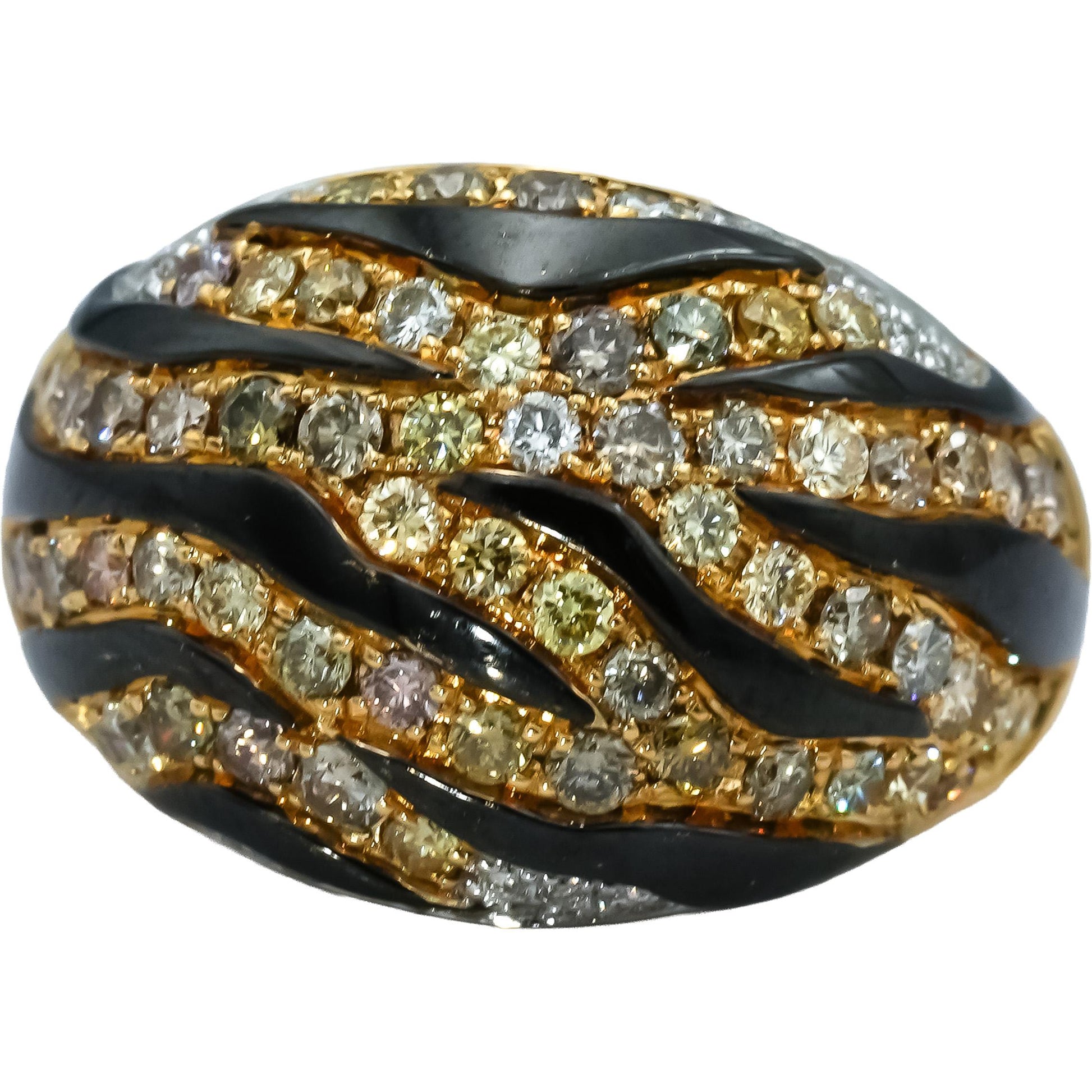 14k Yellow Gold Round Diamond and Enamel Animal Stripe Dome Ring 1.10CT Size 6.5