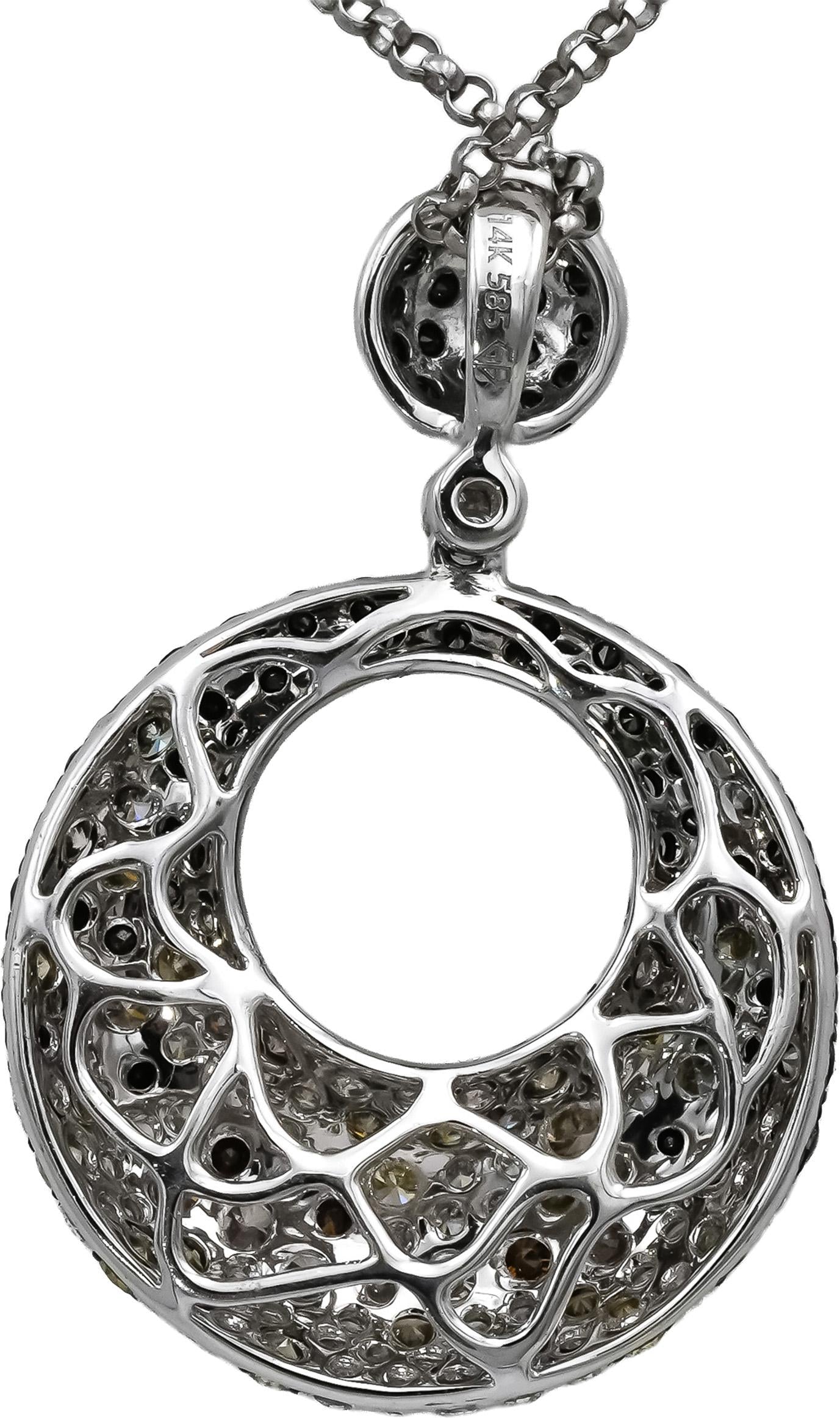 14k White Gold Round Black and Multi-Color Diamond Pendant Necklace 1.70CT