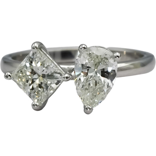 14k White Gold Pear & Princess Cut Diamond Two Stone Ring 1.64CT Size 6.25