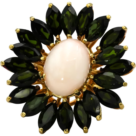 18k Yellow Gold Coral & Green Tourmaline Flower Ring 19.70CTW Size 9