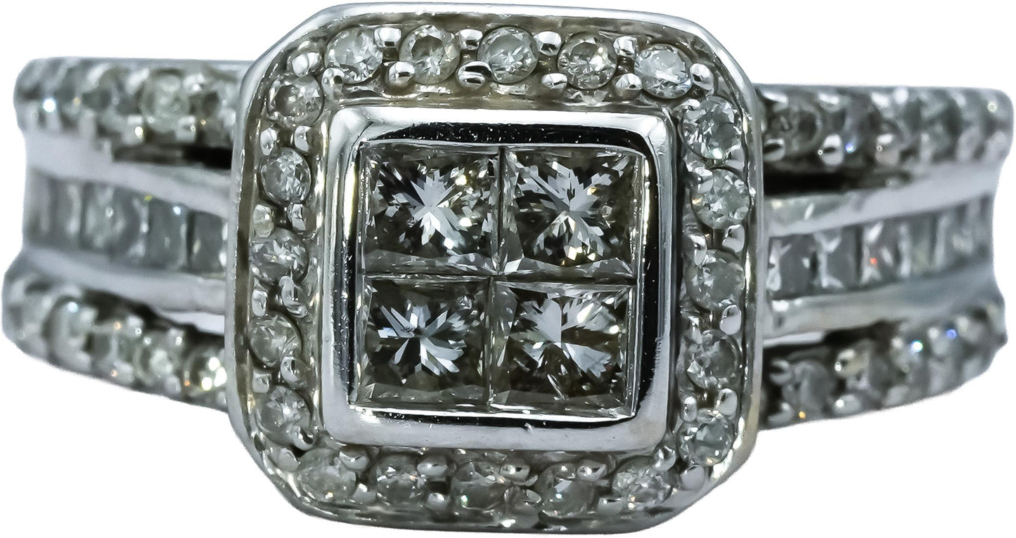 14k White Gold Princess & Round Diamond Cocktail Ring 1.25CT Size 6