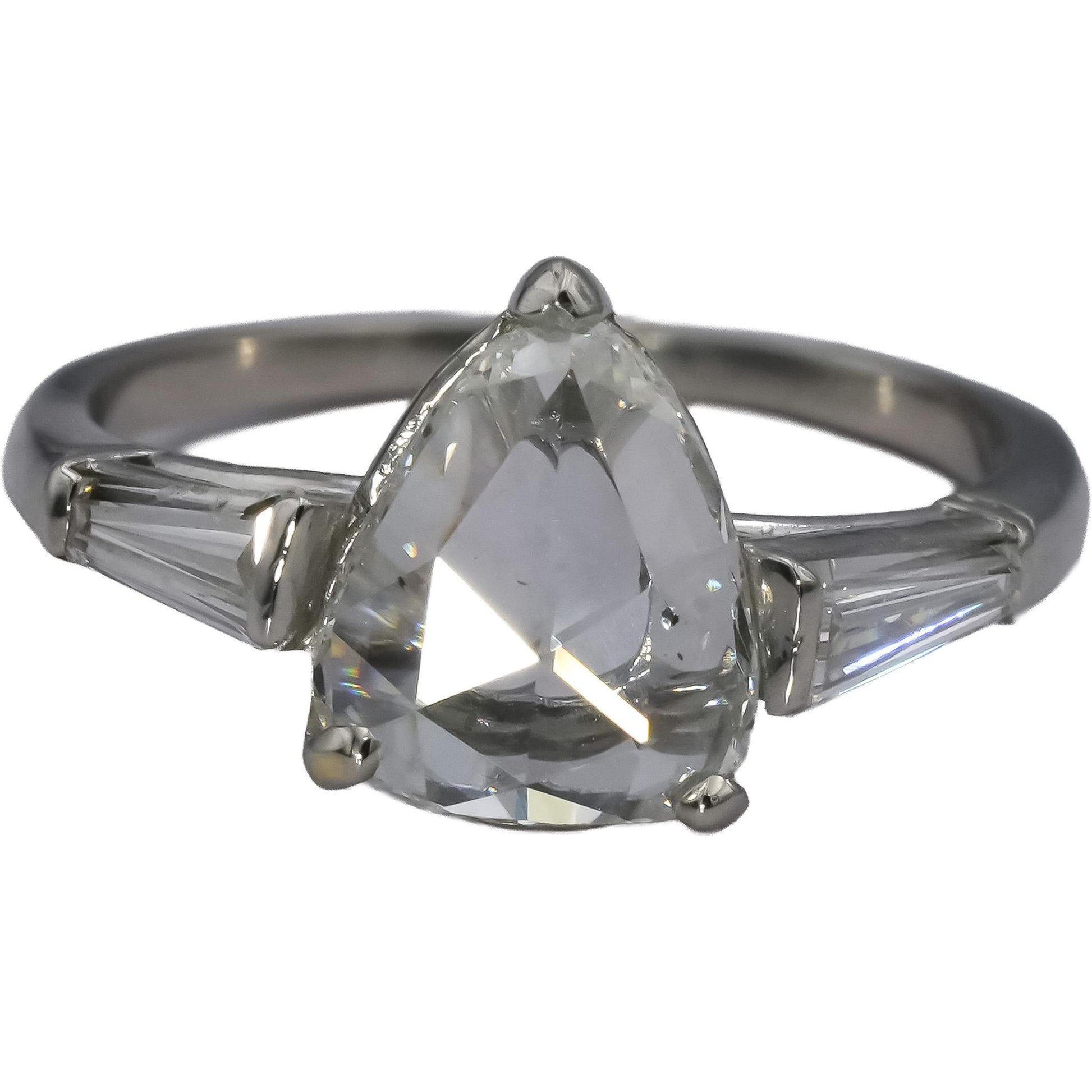 18k White Gold Pear Rose & Baguette Cut Diamond Engagement Ring 1.55CT Size 6